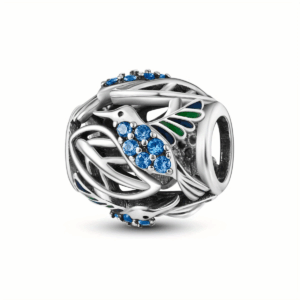 BIR 0002 Silver Bird Charm with Blue Bead Inlay